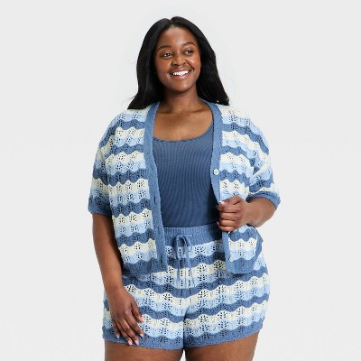 Women's Short Sleeve Cardigan Sweater - Universal Thread™ Blue Striped 3X | Target