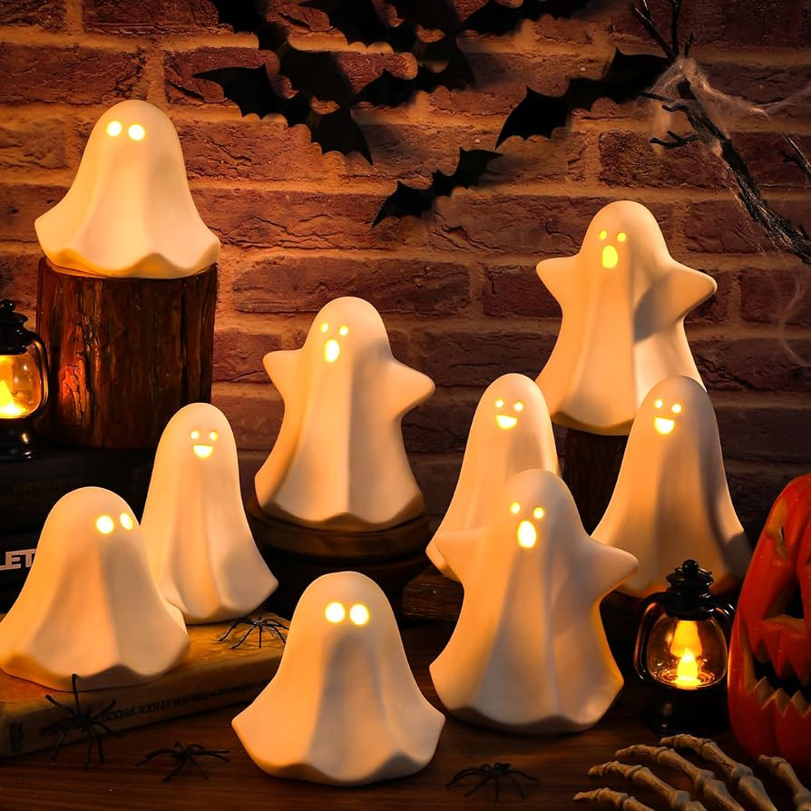 Domensi 9 Pcs Halloween Ceramic Ghost Figurines with LED Lights, Small White Spooky Ghost Sculptu... | Amazon (US)
