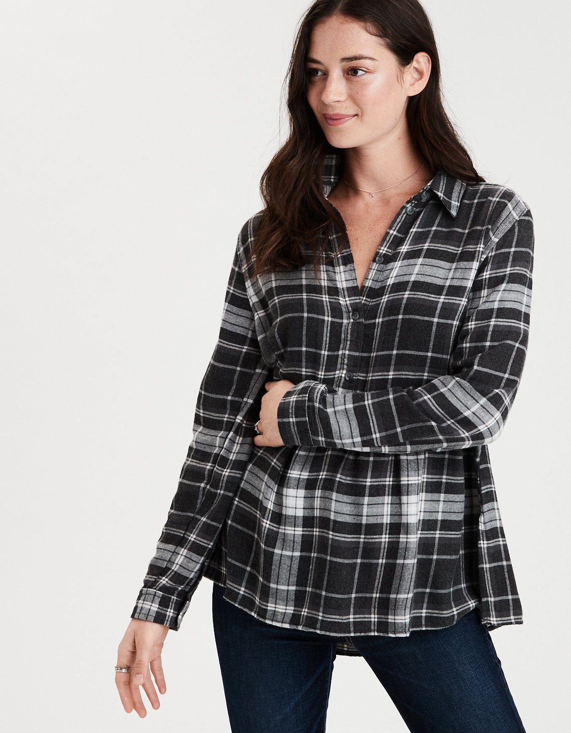 AE Ahhmazingly Soft Plaid Popover Babydoll Top, Black | American Eagle Outfitters (US & CA)