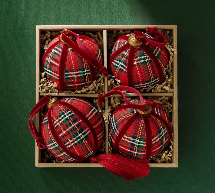 Plaid Ball with Tassel Ornament - Set of 4 | Pottery Barn (US)