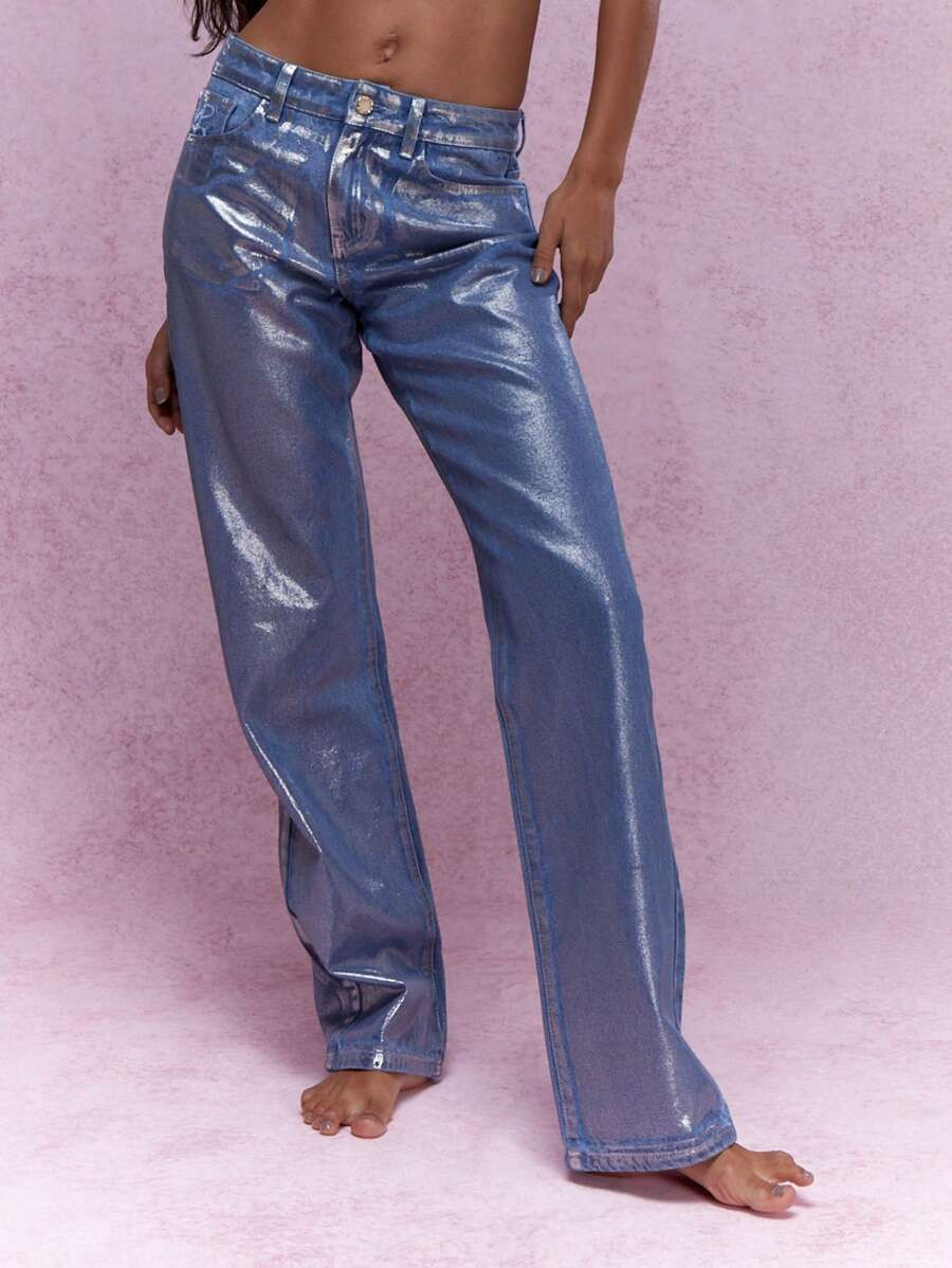 MISSGUIDED Metallic Shimmer Straight Jeans | SHEIN