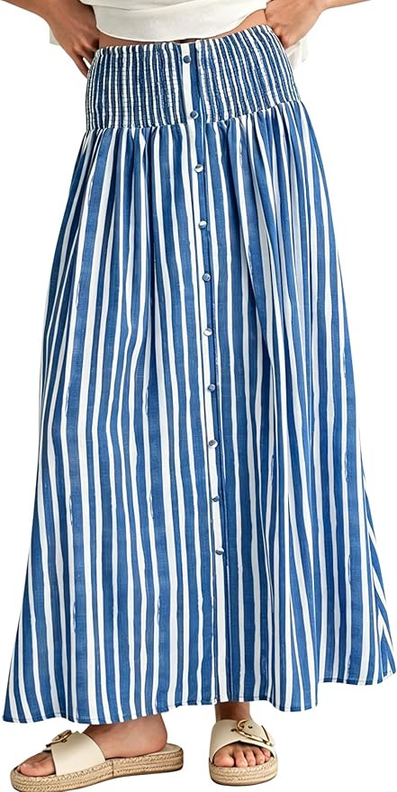 InterNos Womens Striped Maxi Skirt Trendy Front Buttons Elastic Waistband A-Line Boho Long Skirt ... | Amazon (US)