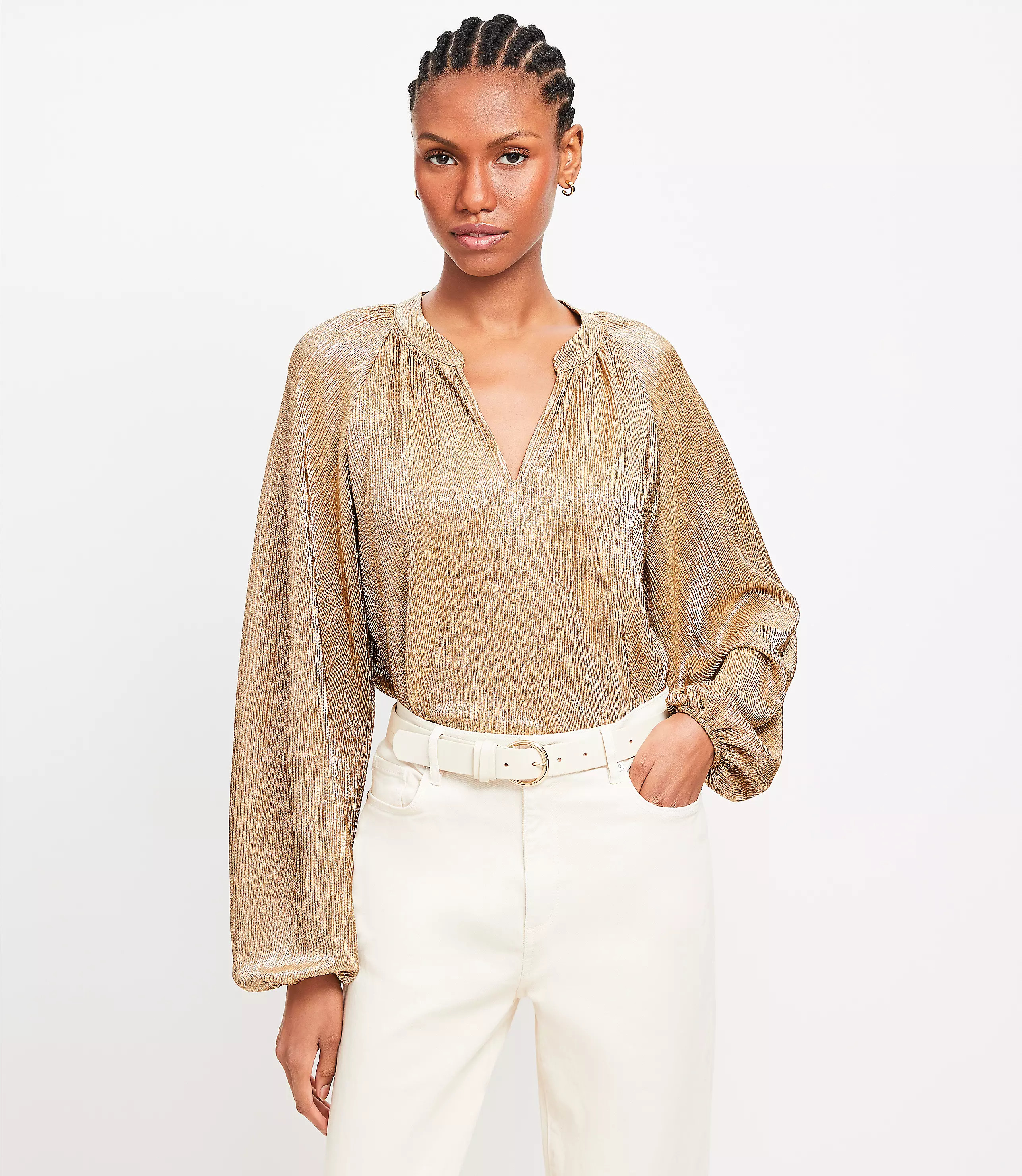 Petite Metallic Pleated Split Neck Top | LOFT