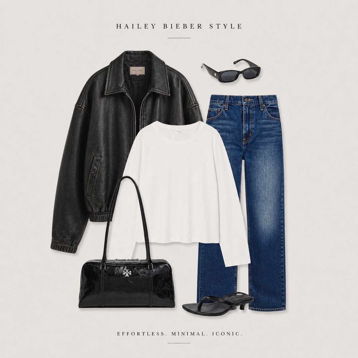 Hailey Bieber off duty style done right. This look is the definition of clean minimal dressing with a slightly edgy feel. A relaxed black leather jacket layered over a simple white long sleeve tee paired with straight leg medium wash denim creates that effortless model off duty silhouette everyone is trying to recreate right now.

Finished with sleek black sunglasses, a structured shoulder bag and minimal thong sandals, this outfit is all about timeless staples that instantly elevate your everyday wardrobe. Think capsule wardrobe essentials, classic denim outfits, leather jacket styling and polished casual looks that work season after season.

This is the kind of outfit you will reach for on repeat. Simple, refined and quietly cool.