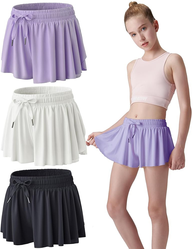 3 Pack Girls Flowy Shorts with Spandex Liner 2-in-1 Youth Butterfly Skirts for Fitness, Running, ... | Amazon (US)