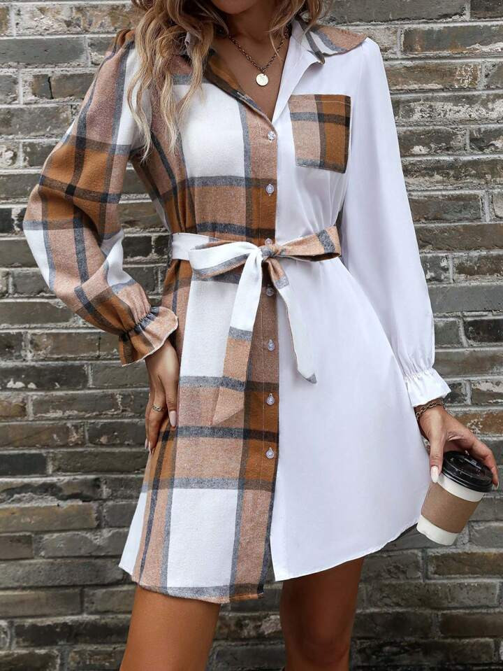 1pc Plaid Print Flounce Sleeve Belted Shirt Dress | SHEIN