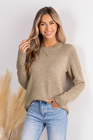 Khaki Round Neck Long Sleeve Knit Sweater | Cupshe US