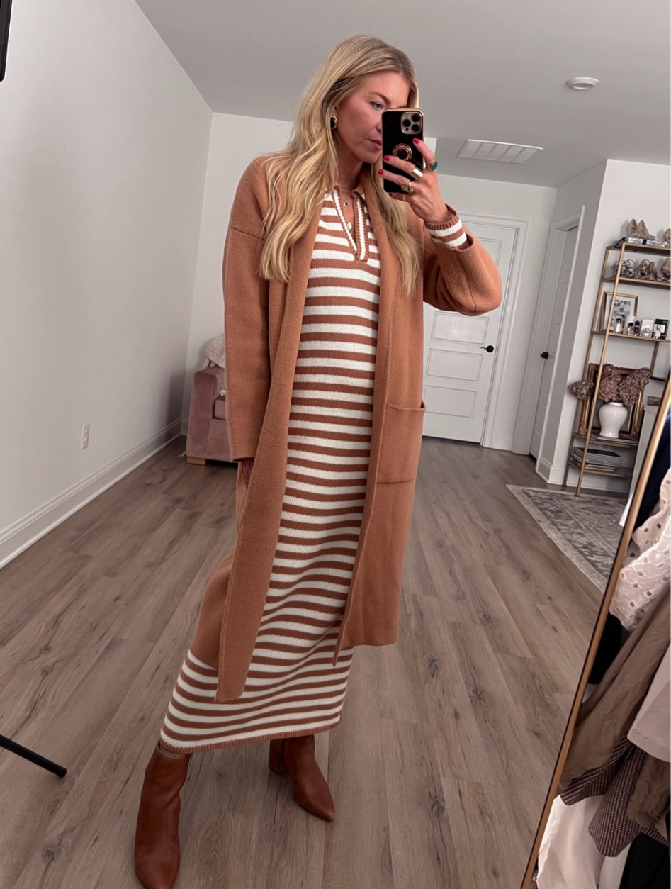 Striped knit dress + cognac duster cardigan 

#LTKworkwear #LTKstyletip #LTKSeasonal