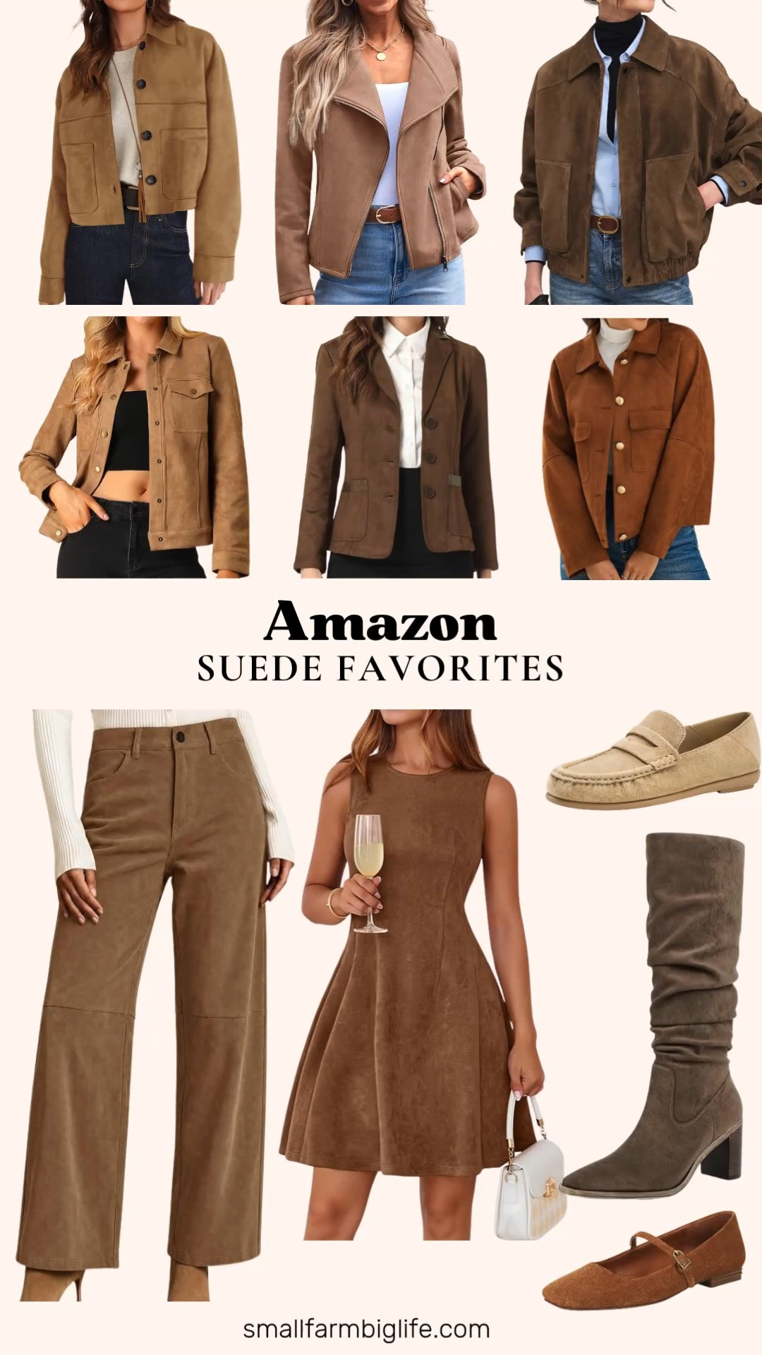 Suede is one of my favorite fall fabrics, and Amazon has so many great pieces right now.

The light brown faux suede high waisted straight leg pants are business casual with a retro touch, perfect for the office. Pair them with the khaki suede penny loafers or the caramel brown suede fit and flare cocktail dress for a fall wedding guest look.

For outerwear, the brown faux suede motorcycle style jacket and the light brown buttery soft faux suede leather jacket are both lightweight and versatile for everyday wear. The dark khaki cropped suede shacket and the light brown suede western shacket bring a trendy layered look, while the brown suede blazer and the caramel brown suede cropped shacket are great for casual office wear.

The taupe suede knee high boots have a chunky heel and side zipper, perfect for dates or everyday fall outfits. The saddle tan suede Franco Sarto Mary Jane flats round out a comfortable, stylish shoe option.

#suedefashion #fallwardrobe #amazonfashionfinds #falltransition #suedejacket 

 #LTKootd #LTKOver40 #LTKWorkwear