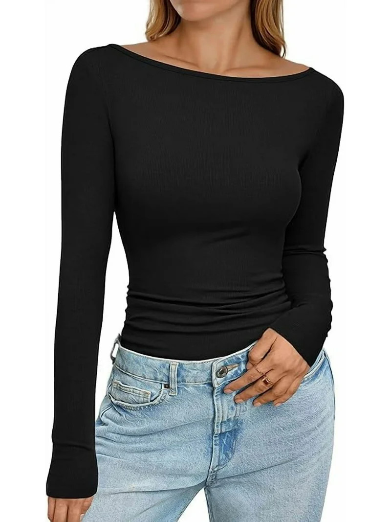 PRETTYGARDEN Long Sleeve Shirts for Women Fall Boat Neck Ribbed Knit Ruched Fitted Going Out Tops... | Walmart (US)