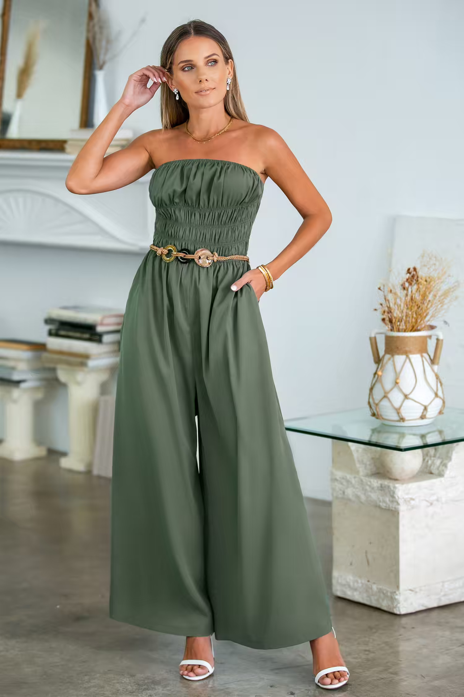 Olive Green Smocked Waist Wide Leg Jumpsuit | Cupshe US
