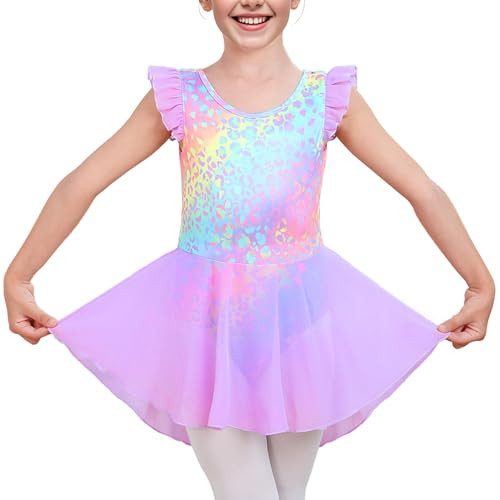 Stylish Girls' Ballet Leotard with Skirt - Elegant Flutter & Ruffle Sleeves, Comfortable Stretch Fit, Perfect for Dance, Lavender Size 10-11T | Amazon (US)