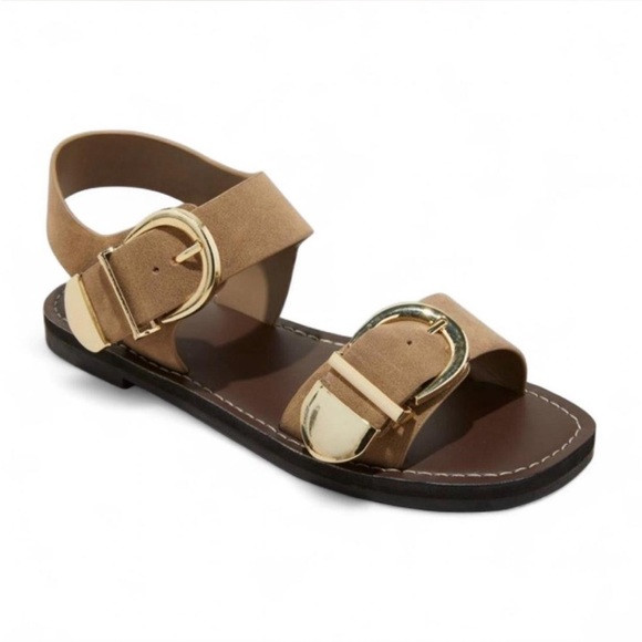 Universal Thread Mira Double Gold Buckle Tan Vegan Flat Sandals Women’s 8, NWT | Poshmark