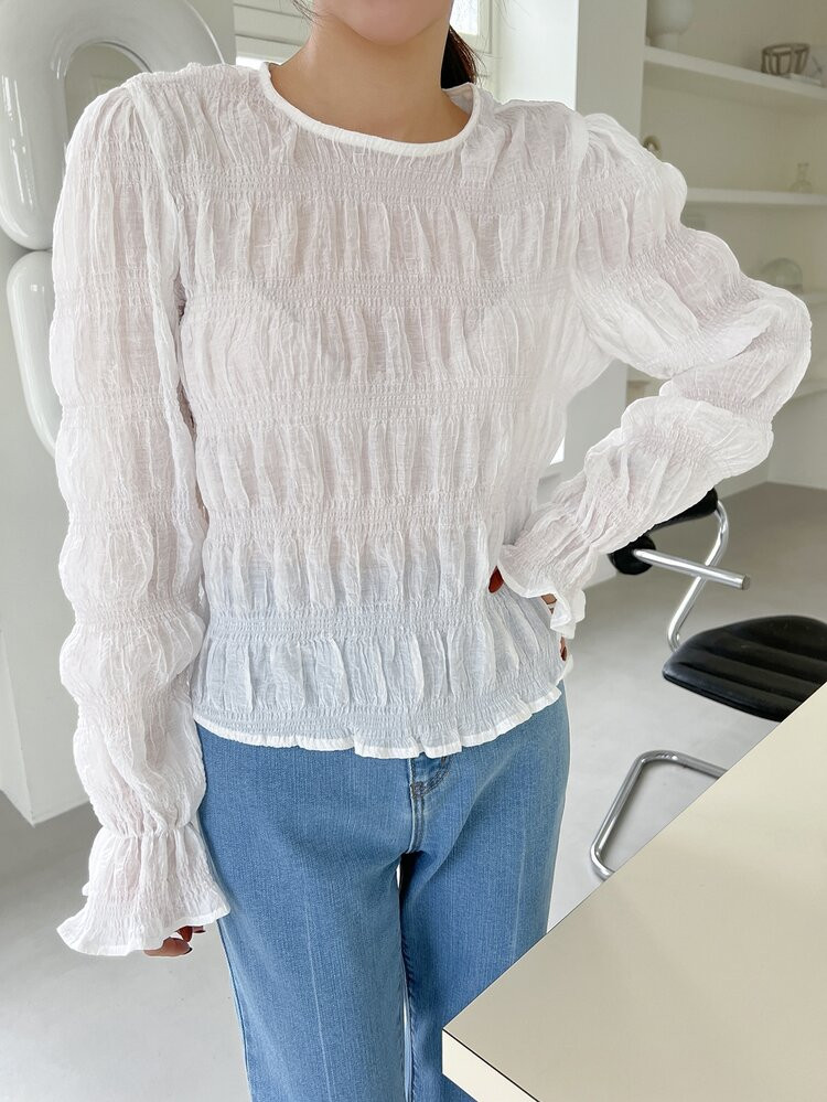 DAZY Gathered Sleeve Flounce Cuff Textured Blouse | SHEIN