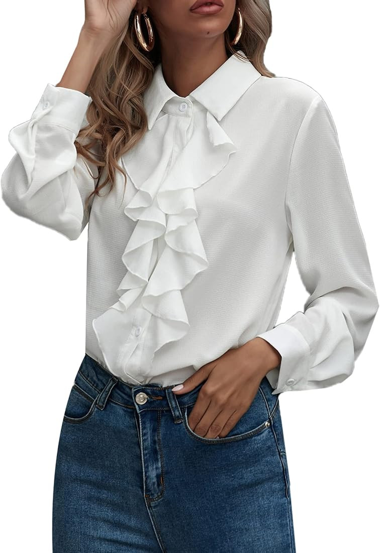 SheIn Women's Long Sleeve Button Down Lotus Ruffled Work Shirt Chiffon Blouse Tops | Amazon (US)