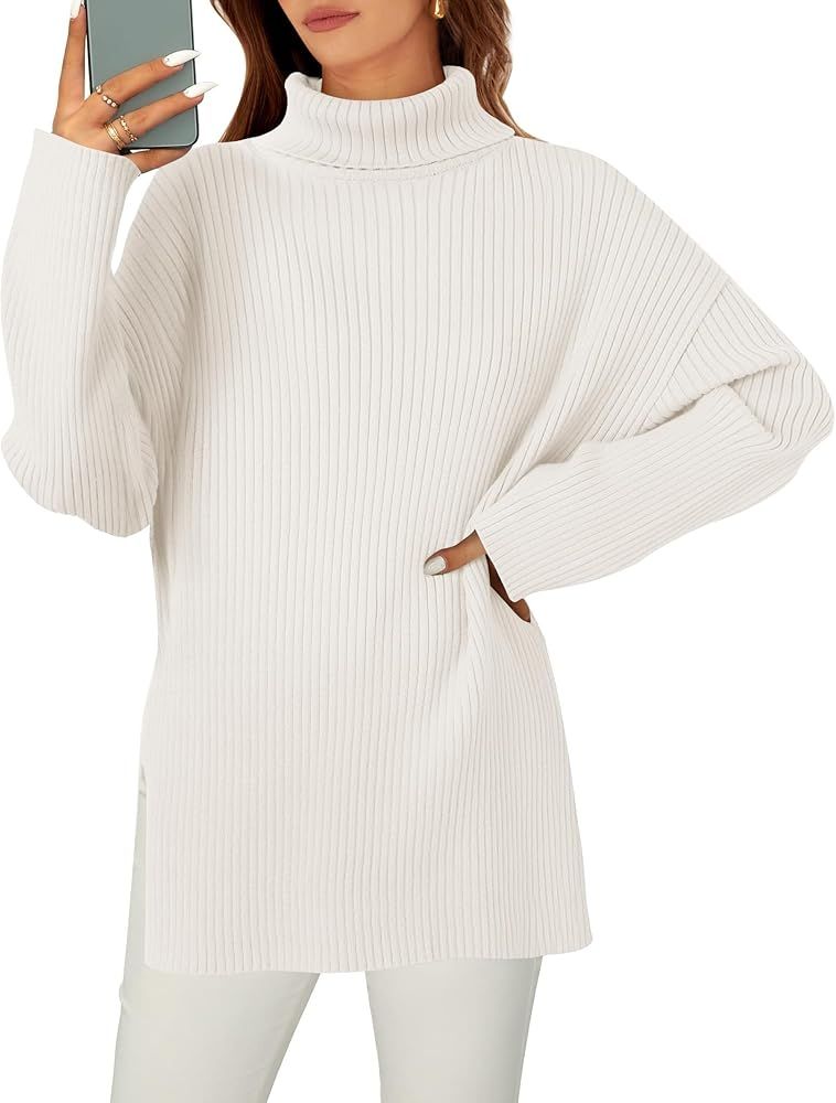 ZESICA Women's 2023 Winter Sweaters High Neck Long Sleeve Chunky Knit Oversized Side Slit Pullove... | Amazon (US)