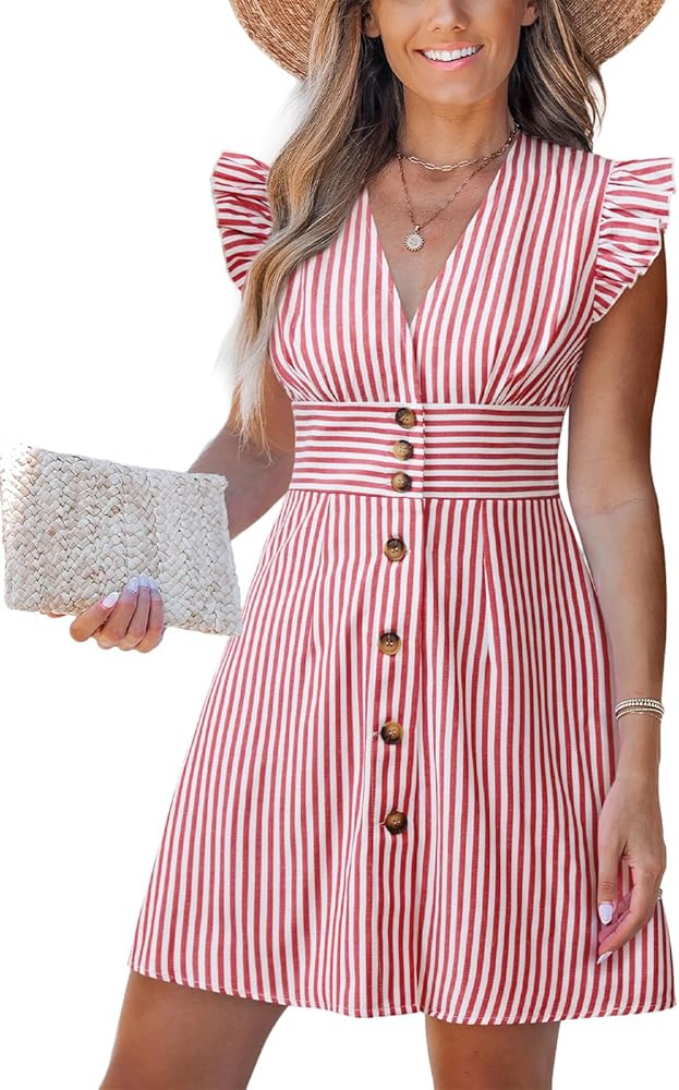 CUPSHE Women's Striped Summer Dresses V Neck Casual Mini Dress Flutter Sleeve Ruffle Button Sundr... | Amazon (US)