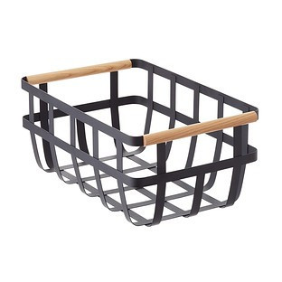 Yamazaki Tosca Basket w/ Wooden Handles Black/Natural | The Container Store