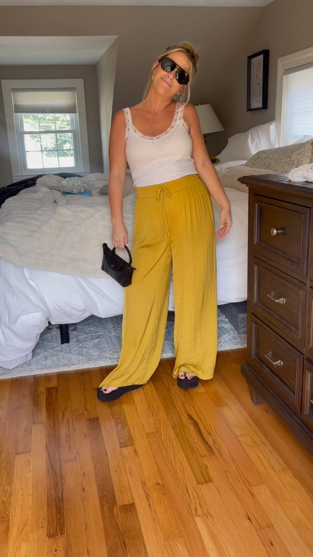 Casual summer fit 
Studded flip flops 
Hoop earrings 
Longchamp small purse 
Light cami tank 
Black aviator sunglasses 
Milani cheeks 

#LTKSaleAlert #LTKBump #LTKSeasonal