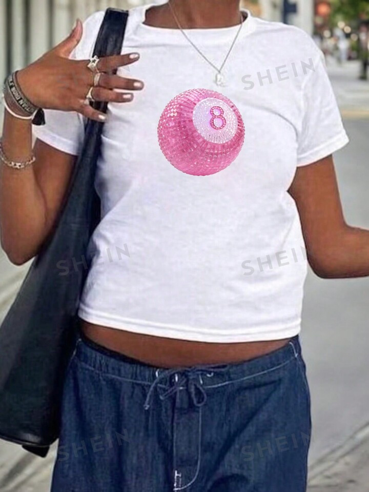 SHEIN EZwear Sparkly Pink Number 8 Printed White Round Neck Short Sleeve Slim Fit Casual Women's ... | SHEIN
