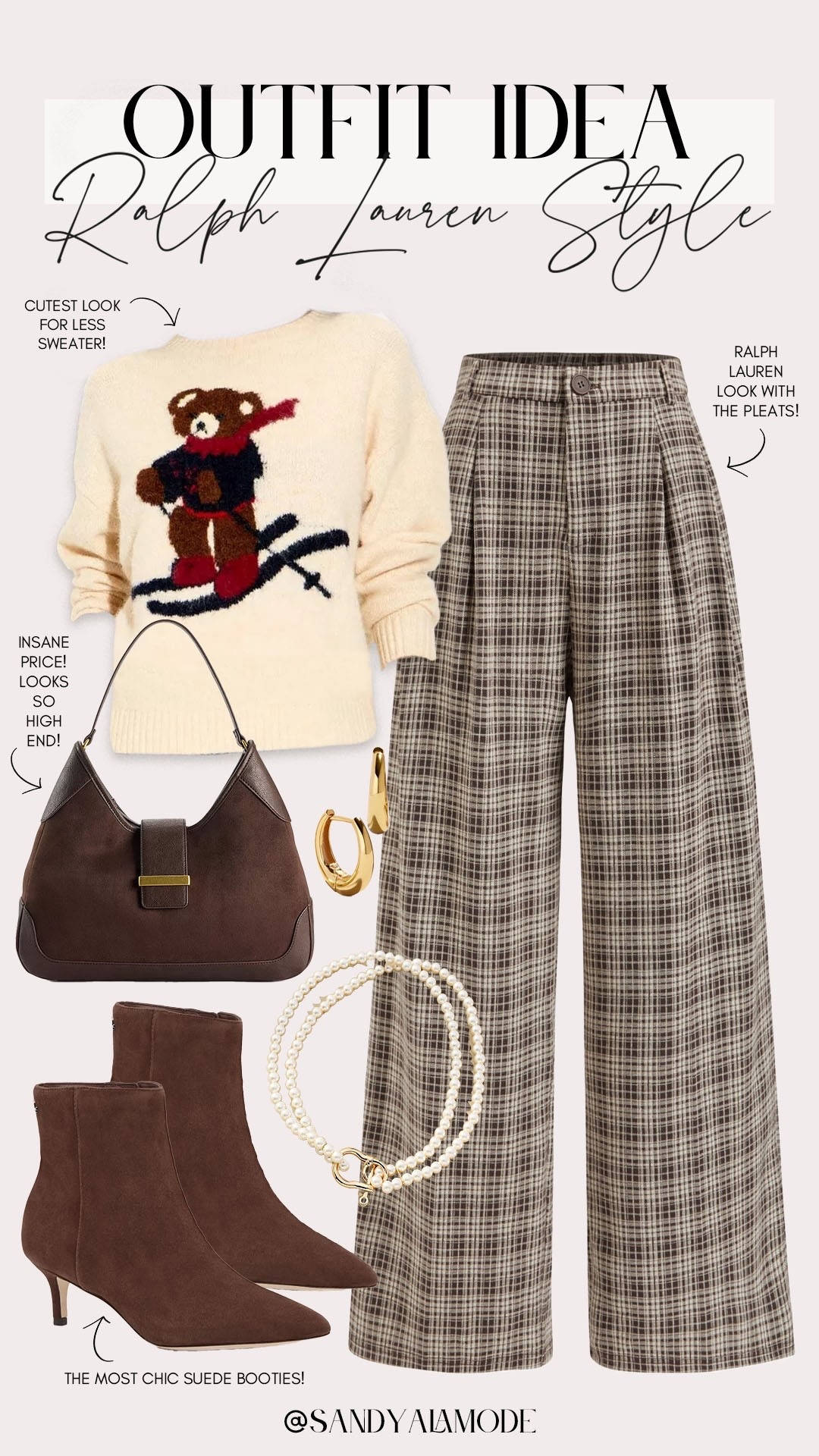 Ralph Lauren style outfit idea. RL fall style. Trending fall style. Target fashion. Target new arrivals. Target trendy bear sweater. Plaid pleated wide leg pants. Suede handbag. Ralph Lauren suede booties. Neutral fall style  

#LTKFindsUnder100 #LTKSeasonal #LTKStyleTip