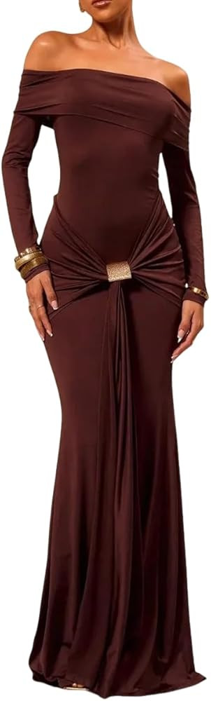 Women's Grace Maxi Dress Off Shoulder Long Sleeve Bodycon Elegant Solid Formal Gown for Wedding G... | Amazon (US)