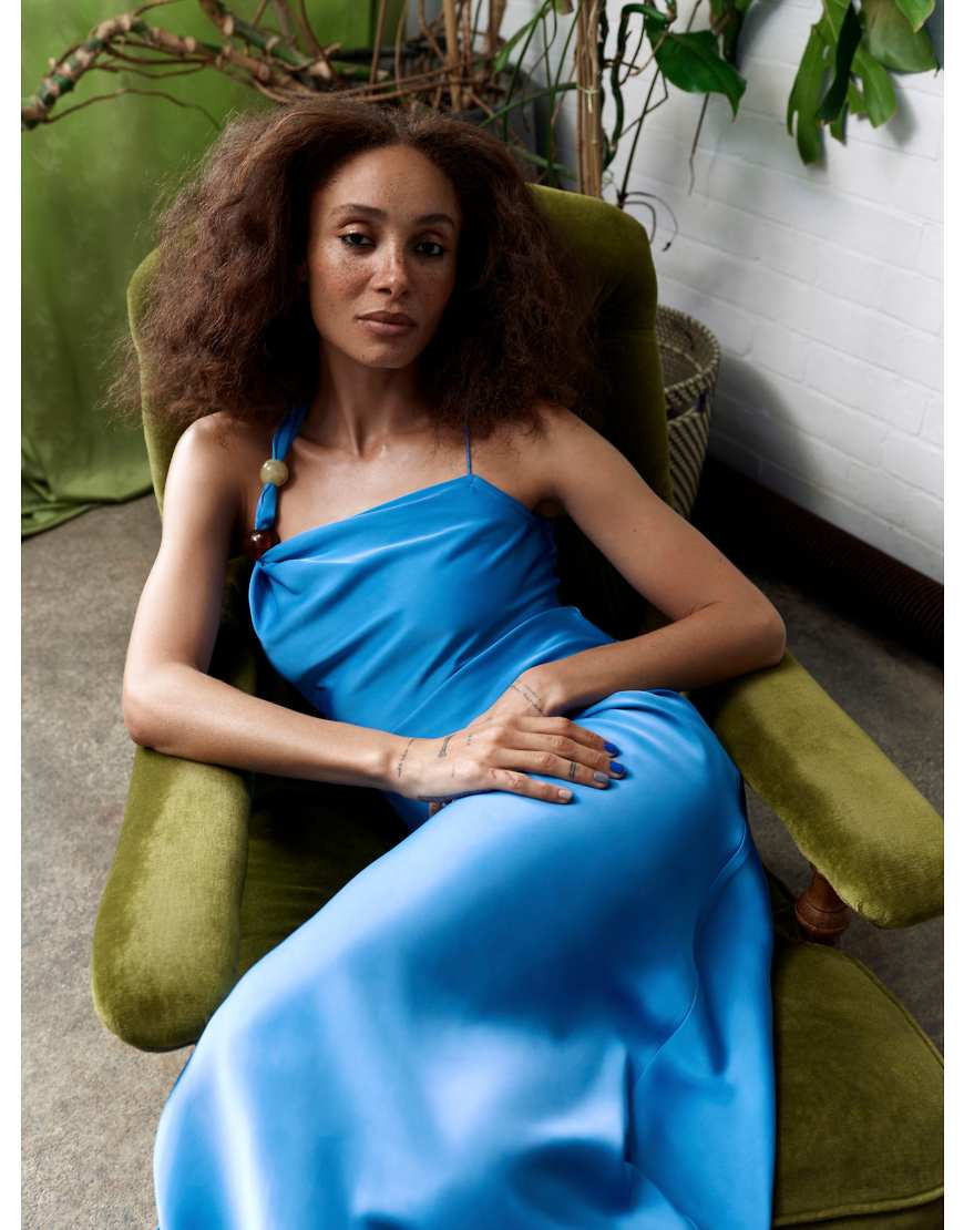 Topshop asymmetric beaded neck satin occasion maxi dress in blue | ASOS (Global)