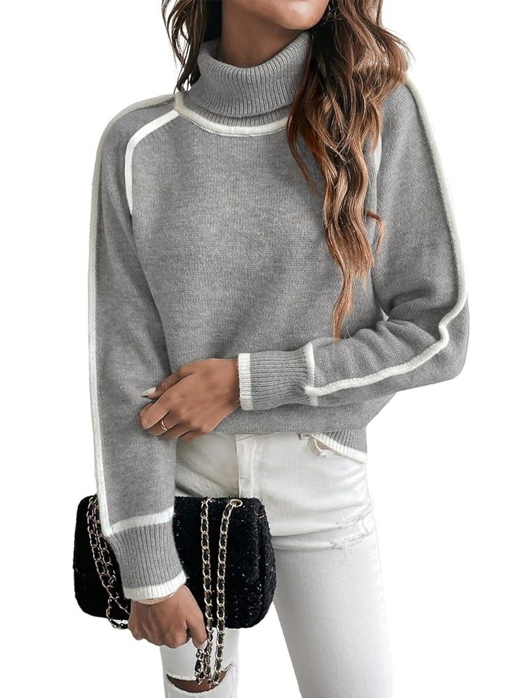 EVALESS Fall Sweaters for Women Trendy 2025 Cute Cozy Turtleneck Long Sleeve Colorblock Knitted P... | Amazon (US)