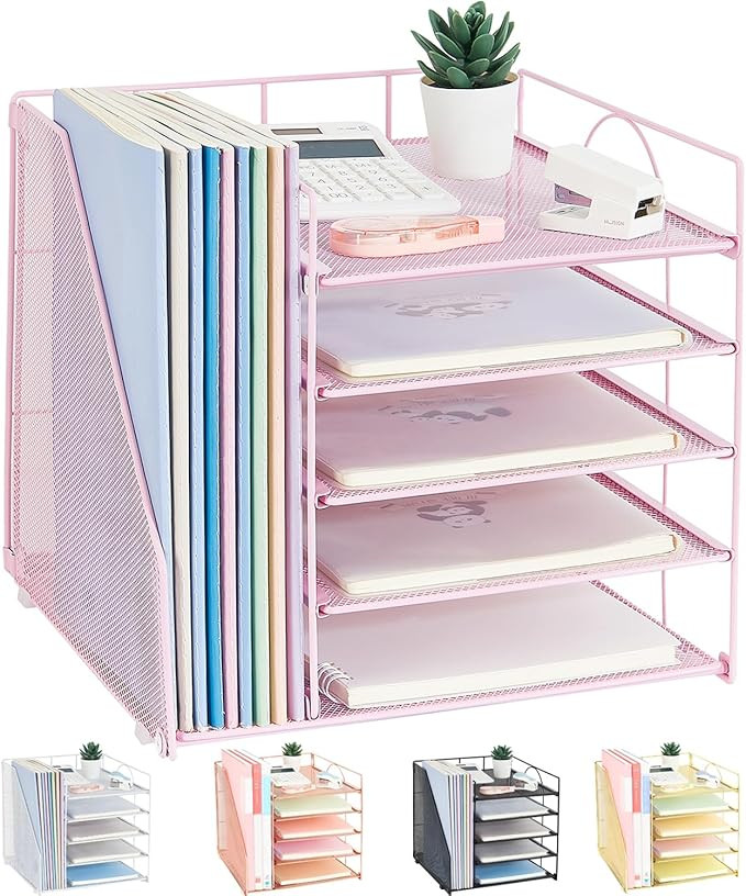 Desk Organizers and Accessories, 5-Tier Paper Letter Tray Organizer with File Holder, Pink Office... | Amazon (US)