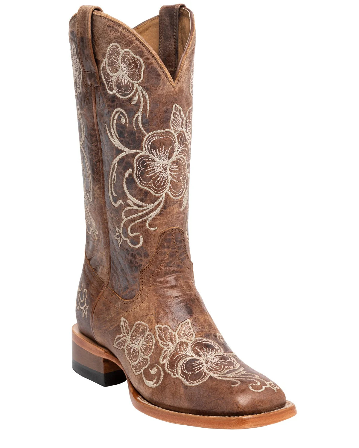 Shyanne Women's Lasy Floral Embroidered Cowboy Boot Broad Square Toe Brown - Walmart.com | Walmart (US)