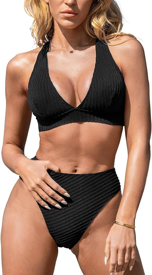 CUPSHE Women's Bikini Sets Two Piece Bathing Suit Deep V Neck Ribbed Crisscross Wide Straps Mid R... | Amazon (US)