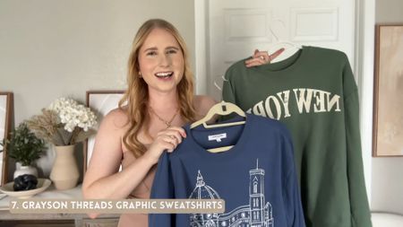 Size down!!! I have small | Women's Florence Italy Graphic Sweatshirt - Blue | Women's New York Graphic Sweatshirt - Green

#LTKFindsUnder50 #LTKVideo #LTKTravel
