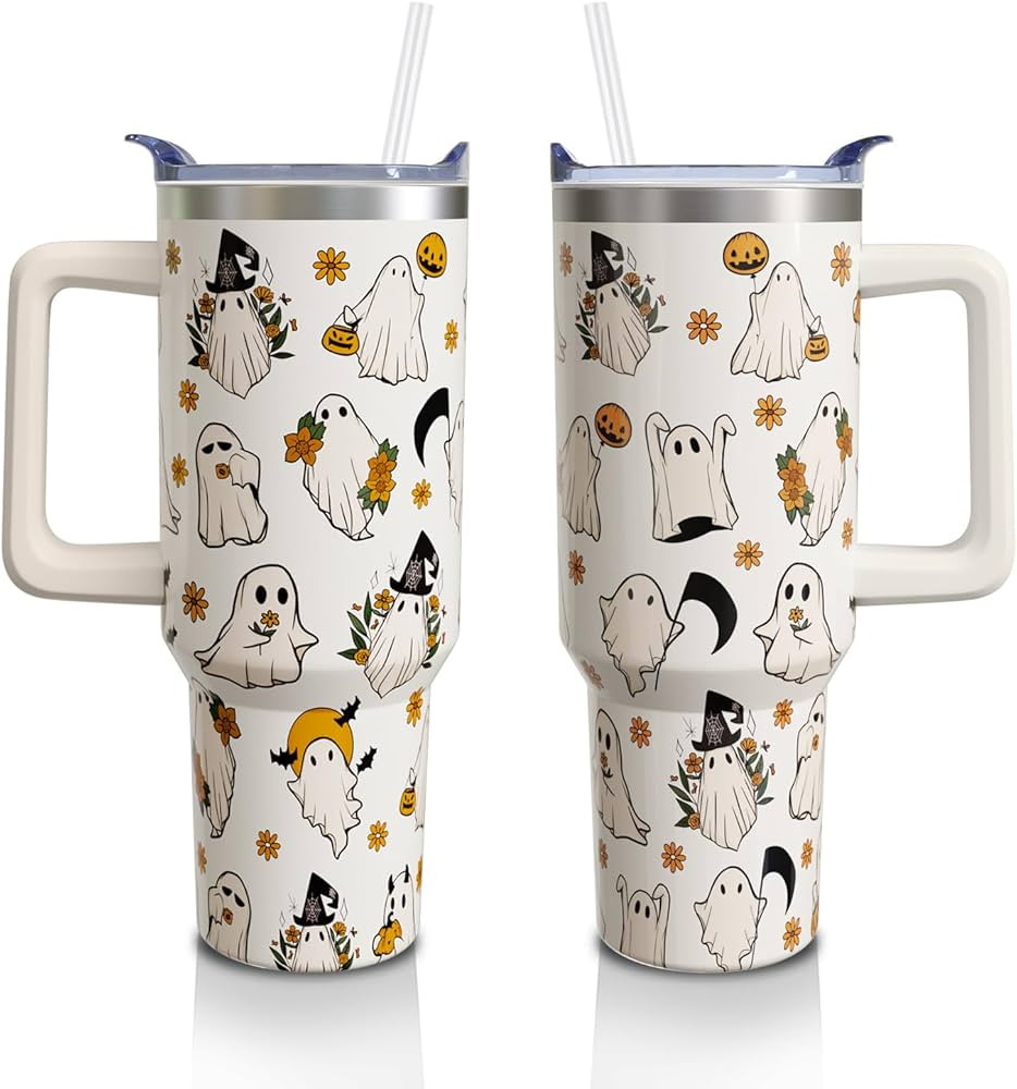 Halloween Ghost 40 Oz Tumbler With Handle and Straw, Cute Spooky Stainless Steel Insulated Cup Wa... | Amazon (US)