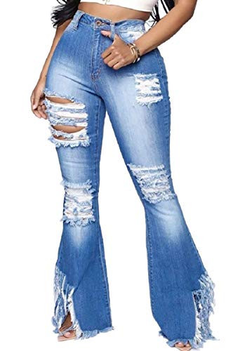 LaiyiVic Bell Bottom Jeans for Women High Waisted Raw Hem Stretchy Ripped Hole Frayed Flare Jeans Pants | Amazon (US)