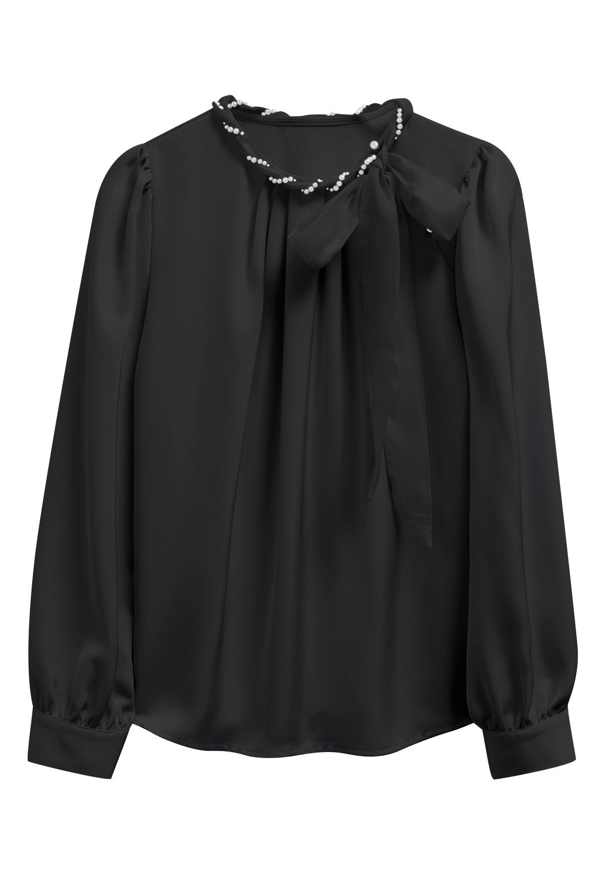 Pearly Neckline Side Bowknot Satin Top in Black | Chicwish