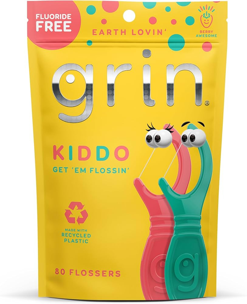 GRIN Kiddo Flossers, Berry Awesome Flavor, Recycled Plastic, Jumbo Grip, Get Your KIDDOS Flossin... | Amazon (US)