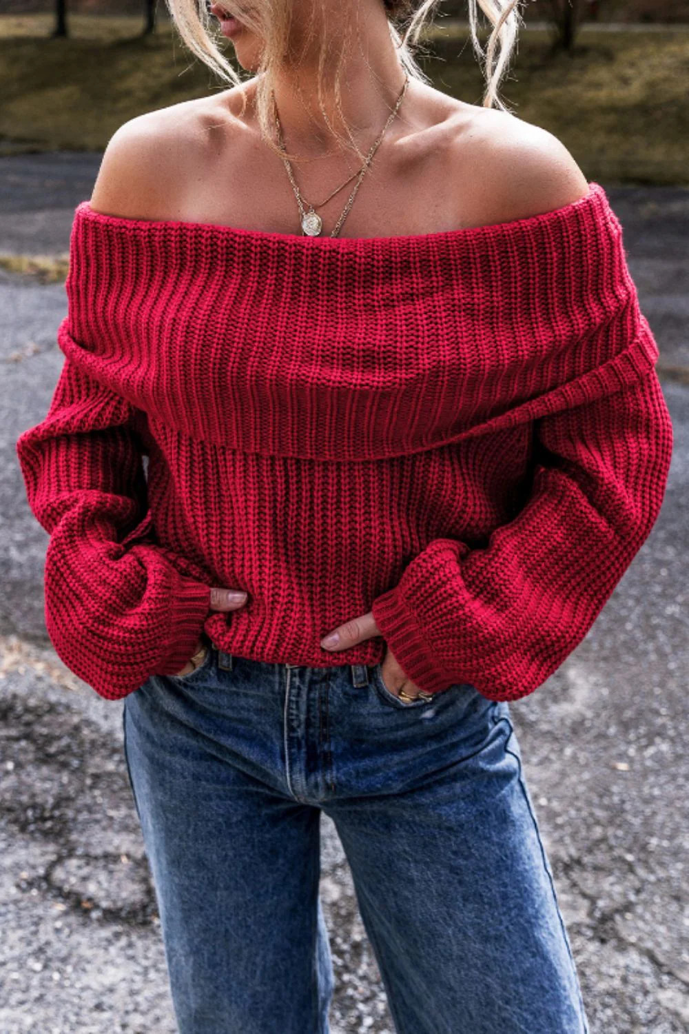 Off-Shoulder Long Sleeve Sweater S | Casual Chic Boutique