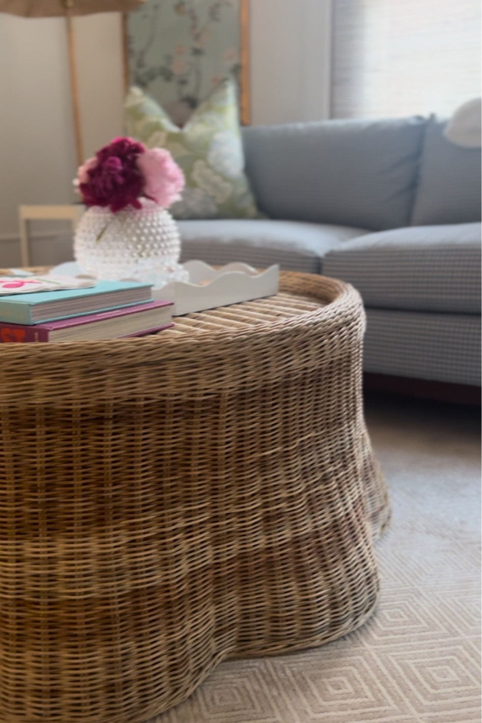 Family room, playroom, scalloped wicker ottoman, blue gingham sofa, interior design inspo, grandmillennial home 

#LTKsalealert #LTKhome #LTKkids