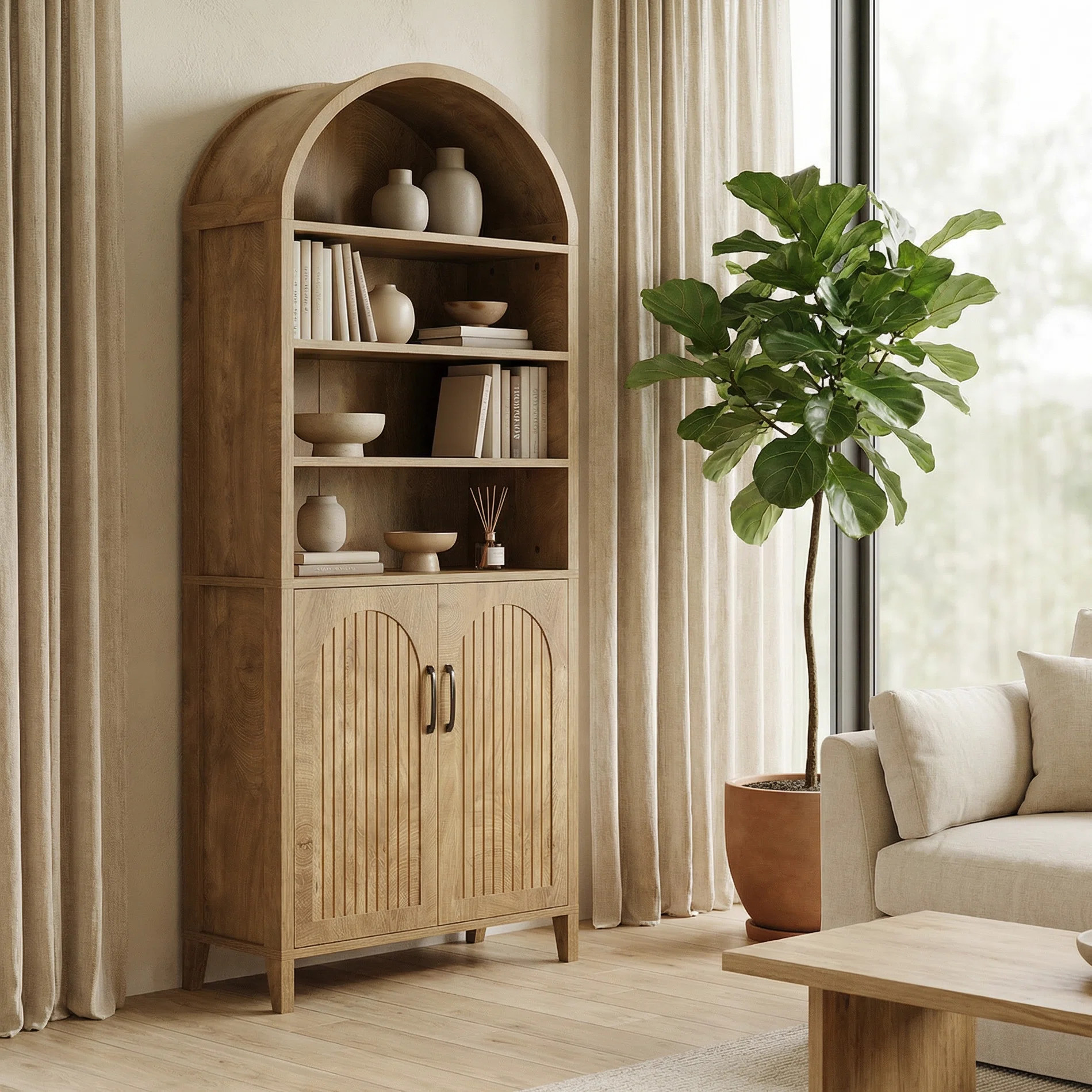 Farmhouse Arched  70.9" Tall Bookcase With Doors & Adjustable Shelves, Large Storage Cabinet For ... | Wayfair North America