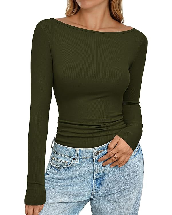 PRETTYGARDEN Long Sleeve Shirts for Women 2025 Fall Boat Neck Ribbed Knit Ruched Fitted Going Out... | Amazon (US)