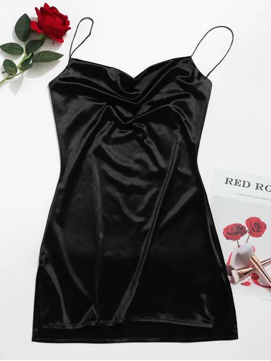 Side Slit Satin A Line Cami Dress   BLACK GREEN RED | ZAFUL (Global)