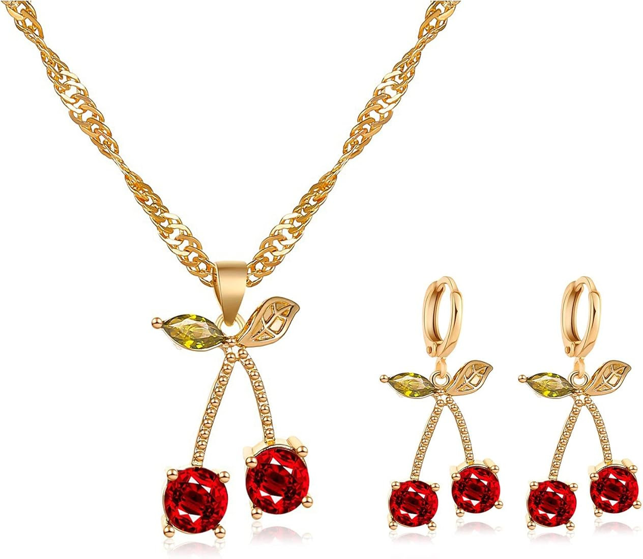 Pingyongchang Unique Chic Charm Sparkly Red Crystals Cherry Statement Earrings Necklace Sets Gree... | Amazon (US)