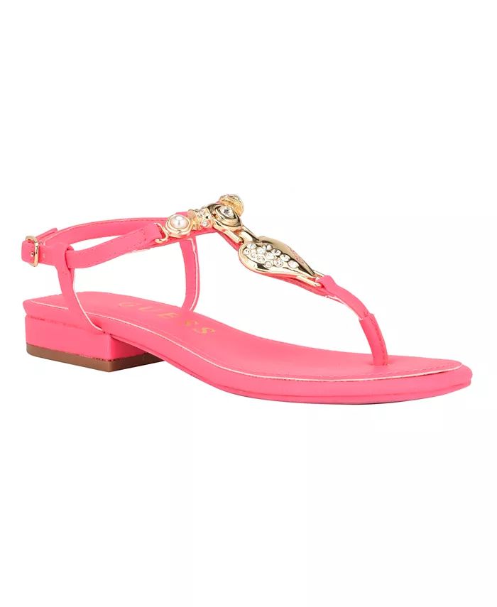 GUESS Women's Jiarella Flat T Strap Hardware Accent Sandals - Macy's | Macy's