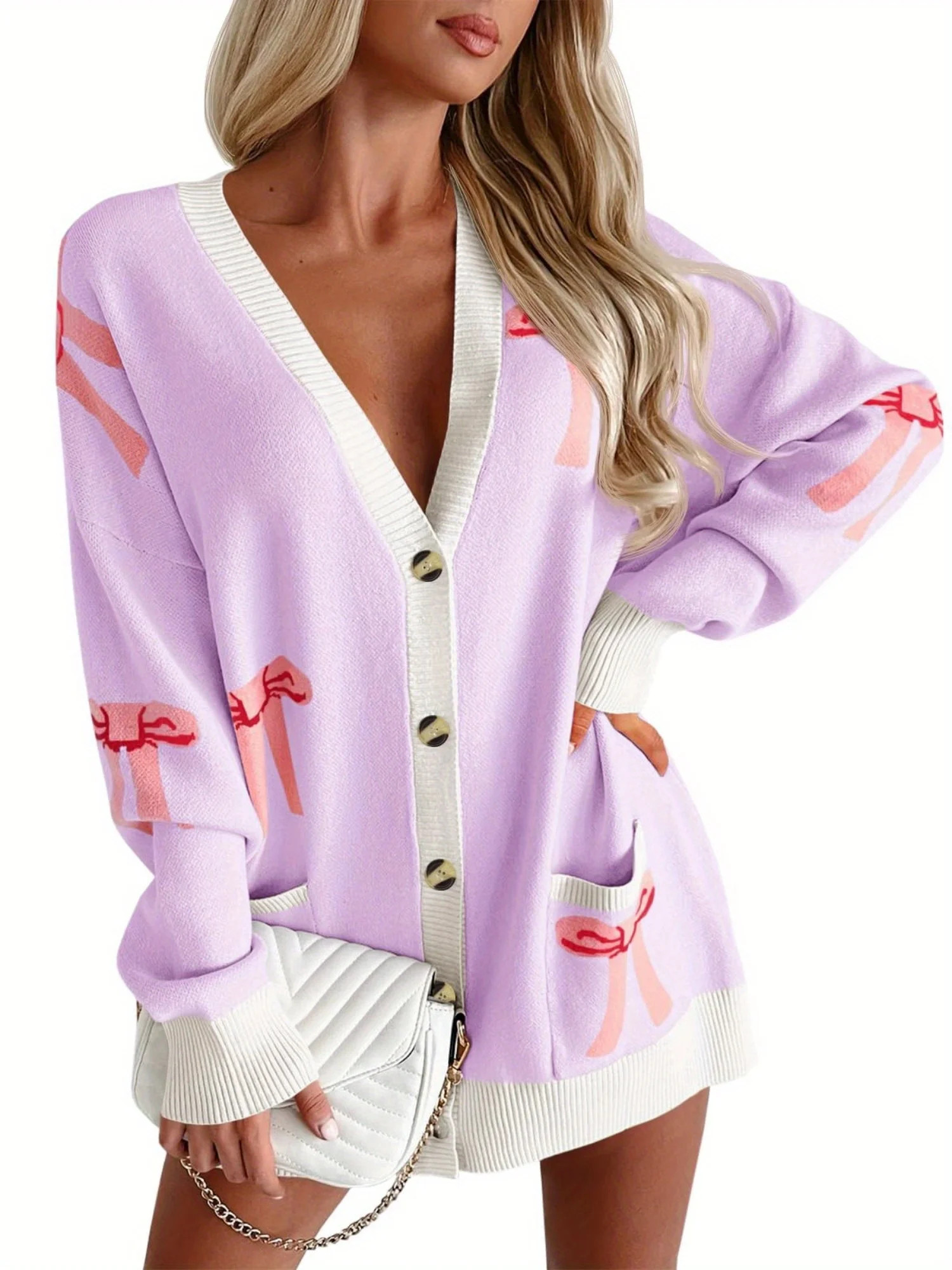 Oversized Cardigan Sweater Women's Bow Print Button V Neck Long Sleeve Loose Knitted Autumn Fashi... | Walmart (US)