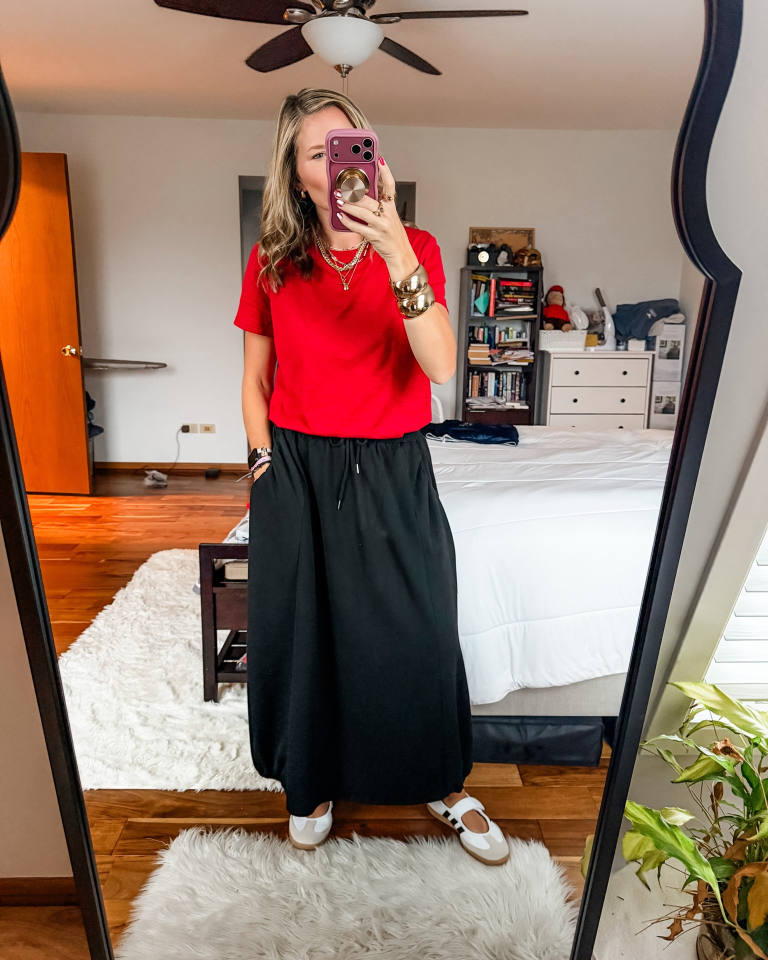 On Wednesdays we wear red for public ed! This skirt is basically sweatpant material with a cute bubble hem that makes it perfect for a comfy work outfit. I have this tee in multiple colors/patterns and it’s a great basic!

#LTKOver40 #LTKootd #LTKWorkwear