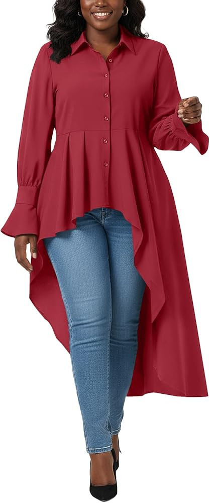 Umenlele Women’s Button Down Long Sleeve Asymmetric Ruffle High Low Hem Blouse Shirt Top | Amazon (US)