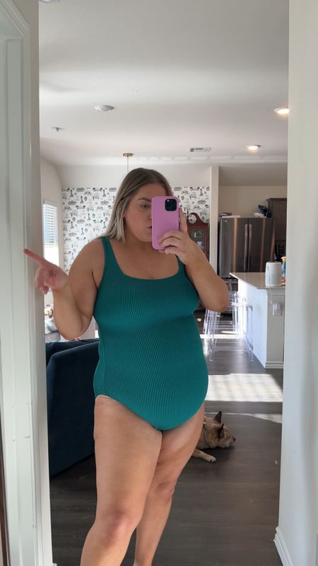 Target swim one piece. Crinkle material and looks so expensive. Pretty jade green color. Wearing 16 but need to size up for apron belly 

#LTKswim #LTKmidsize #LTKplussize