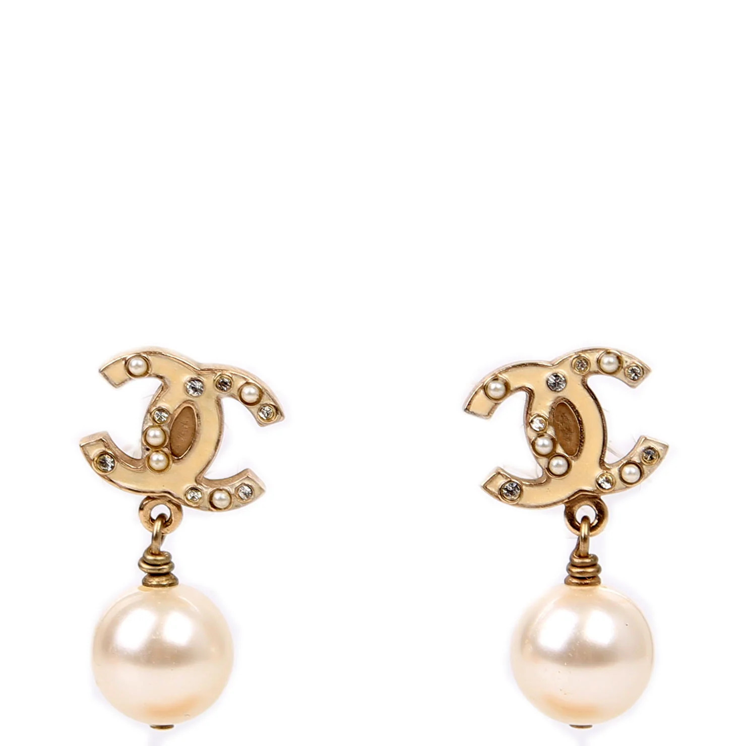 Enamel CC Pearl Drop Earrings Champagne | Keeks Designer Handbags