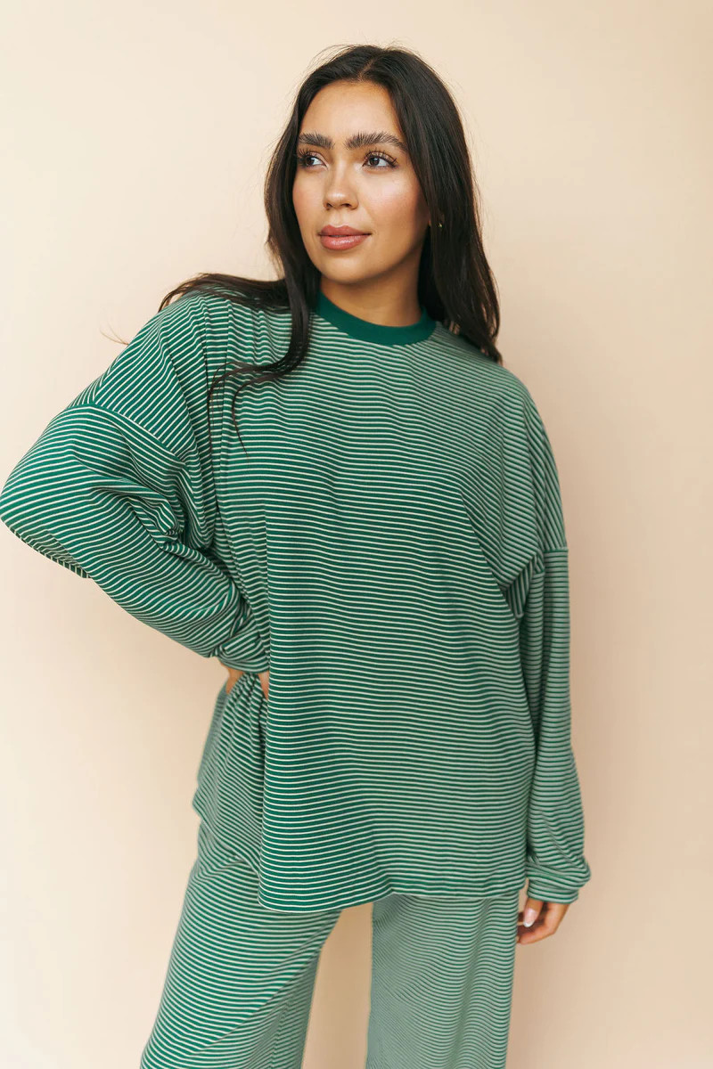 Porter Fleece Stripe Top in Green | Henly