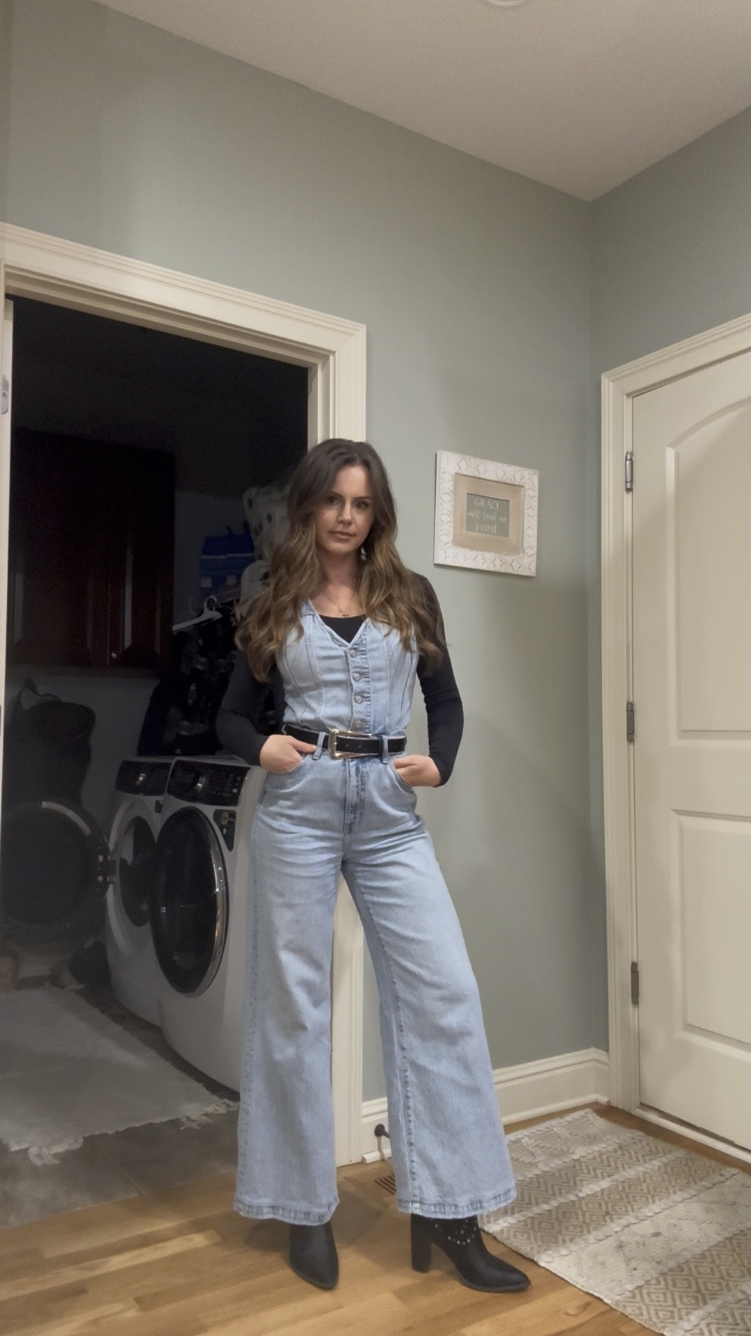 What I wore to see Theo von last night for date night 🫶

I love a denim jumpsuit or romper and it was super chilly yesterday so this was perfect! I added my @Shapermint long sleeve bodysuit underneath bc of the low temps and a black chunky belt with my black booties. 
This would have been a super cute option for a concert too! 

#LTKgrwm #LTKootd #LTKSeasonal